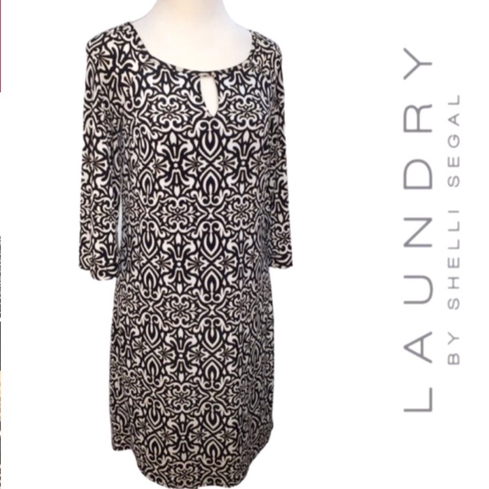 Laundry Shelli Segal Dress Black &White keyhole neck Scroll Pattern Black Lining - Picture 3 of 12